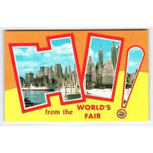 Vintage Lower Manhattan Skyline & East River Postcard from 1950s Hi World's Fair